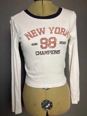 Forever 21 White Long Sleeve Tee with Orange Graphic and Navy Trim